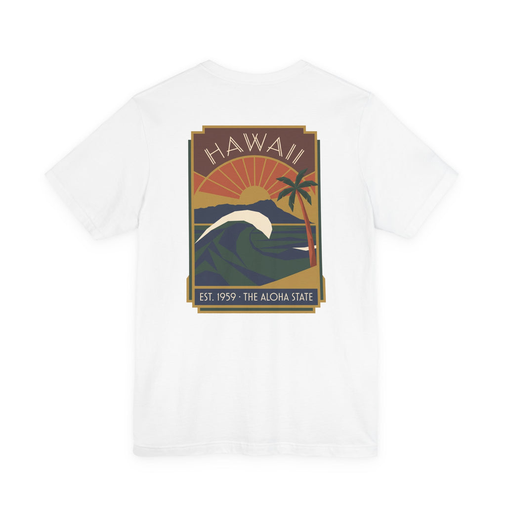 White T-shirt with vintage Hawaii sunset and wave graphic print