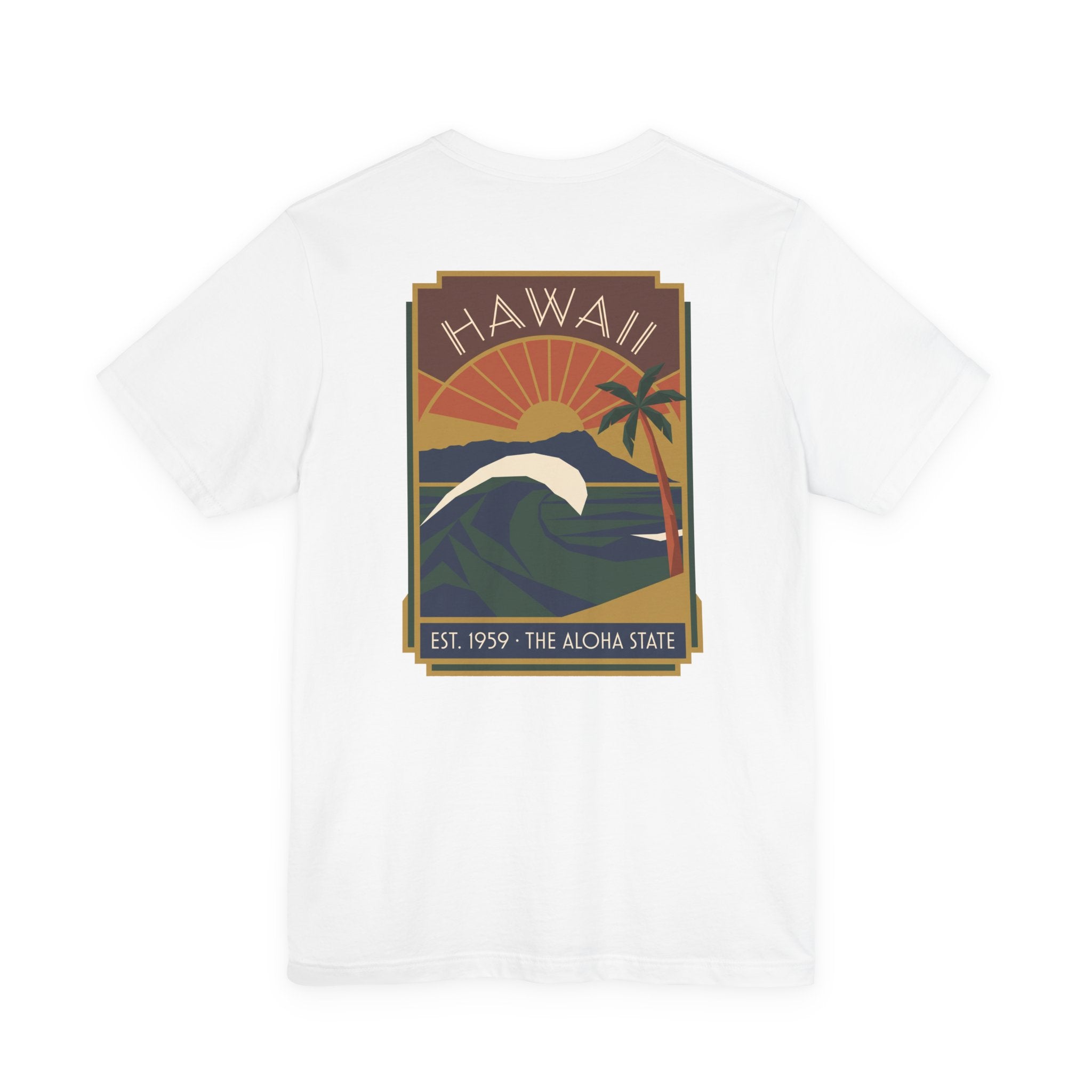 White T-shirt with vintage Hawaii sunset and wave graphic print