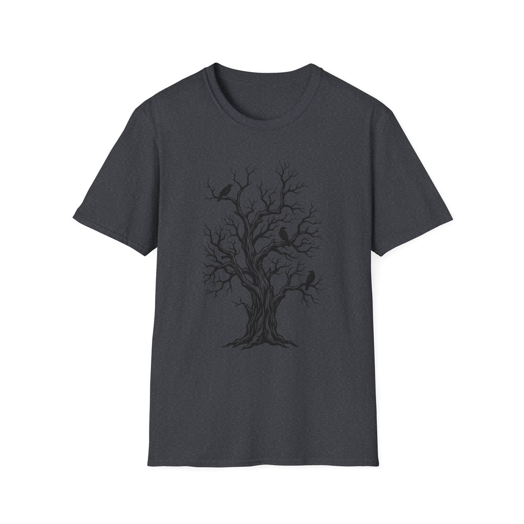 Dark grey T-shirt with bare tree and black crow graphic print