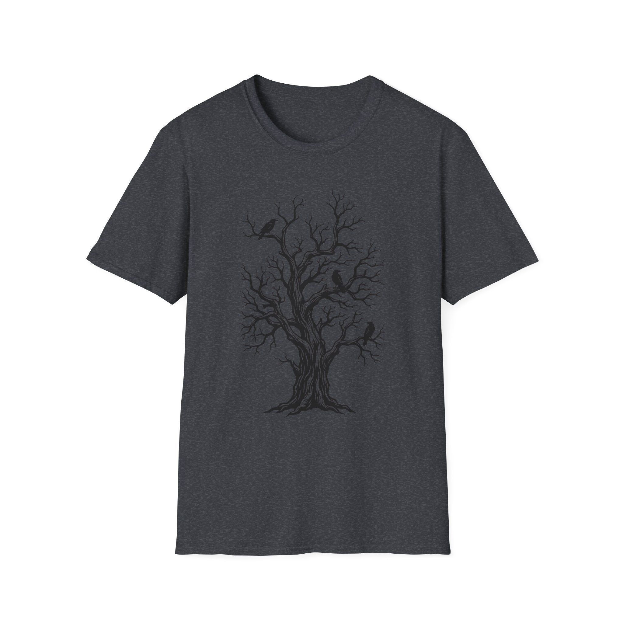 Dark grey T-shirt with bare tree and black crow graphic print