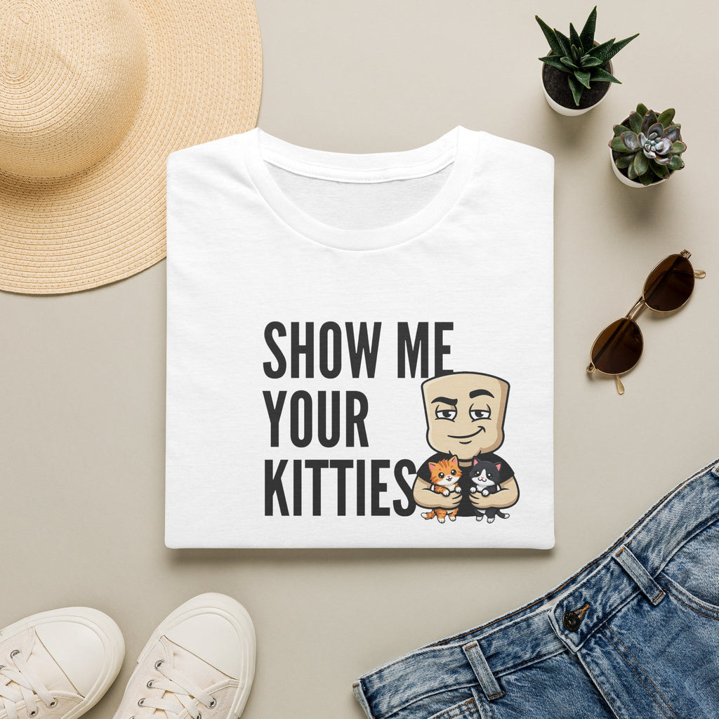White T-shirt with "Show Me Your Kitties" cat character graphic