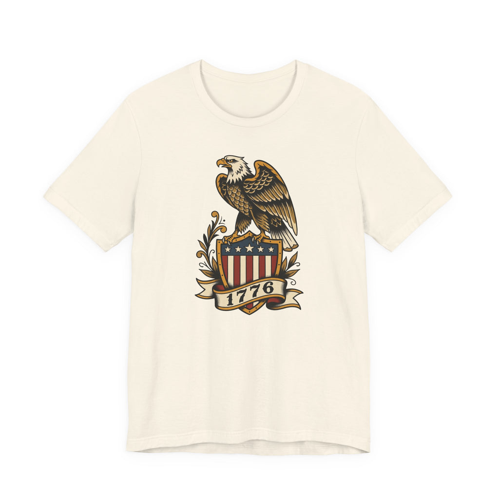 Cream t-shirt with eagle shield graphic and 1776 banner
