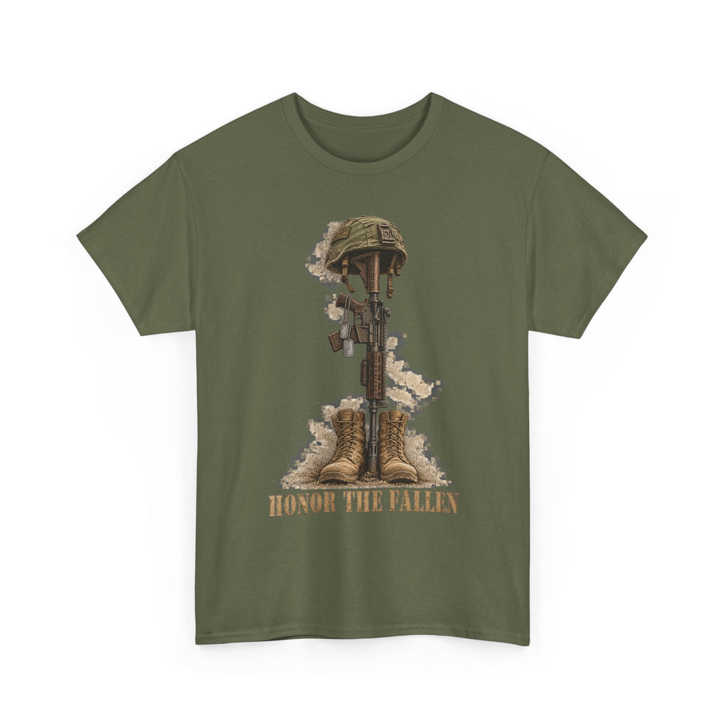 Dark green crew-neck T-shirt with fallen soldier helmet, rifle, boots graphic and “HONOR THE FALLEN”