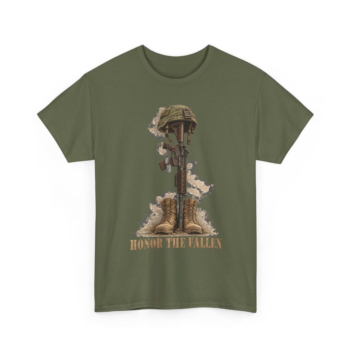 Dark green crew-neck T-shirt with fallen soldier helmet, rifle, boots graphic and “HONOR THE FALLEN”