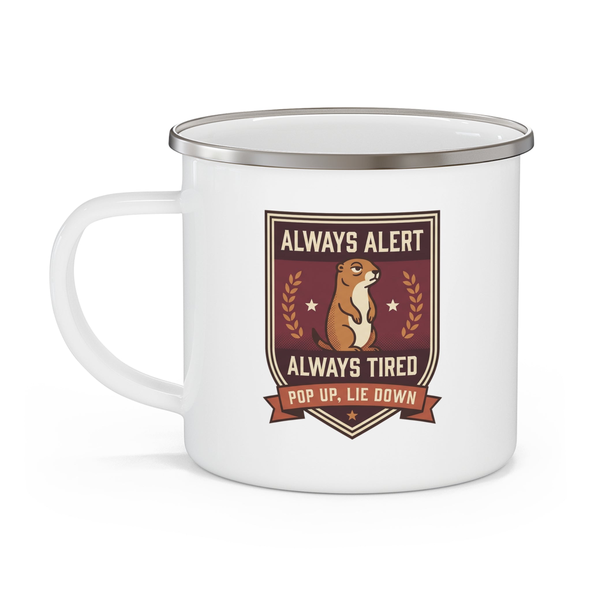White enamel camping mug with meerkat graphic and "Always alert, always tired" text