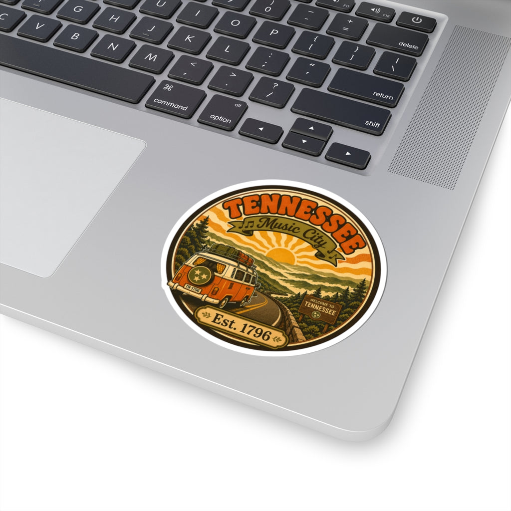 Round Tennessee Music City sticker on laptop keyboard, vintage van artwork and Est. 1796