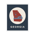 Georgia kiss-cut sticker with red state silhouette, peach icon and mountains, “GEORGIA”