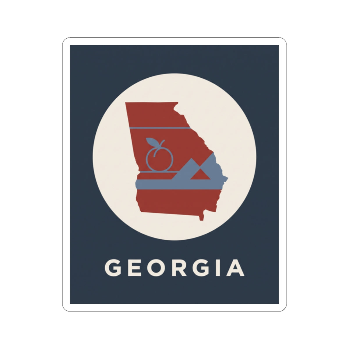 Georgia kiss-cut sticker with red state silhouette, peach icon and mountains, “GEORGIA”