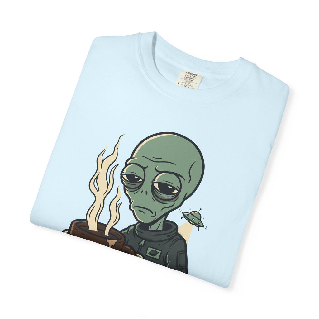 Light blue alien coffee T-shirt with flaming alien character graphic