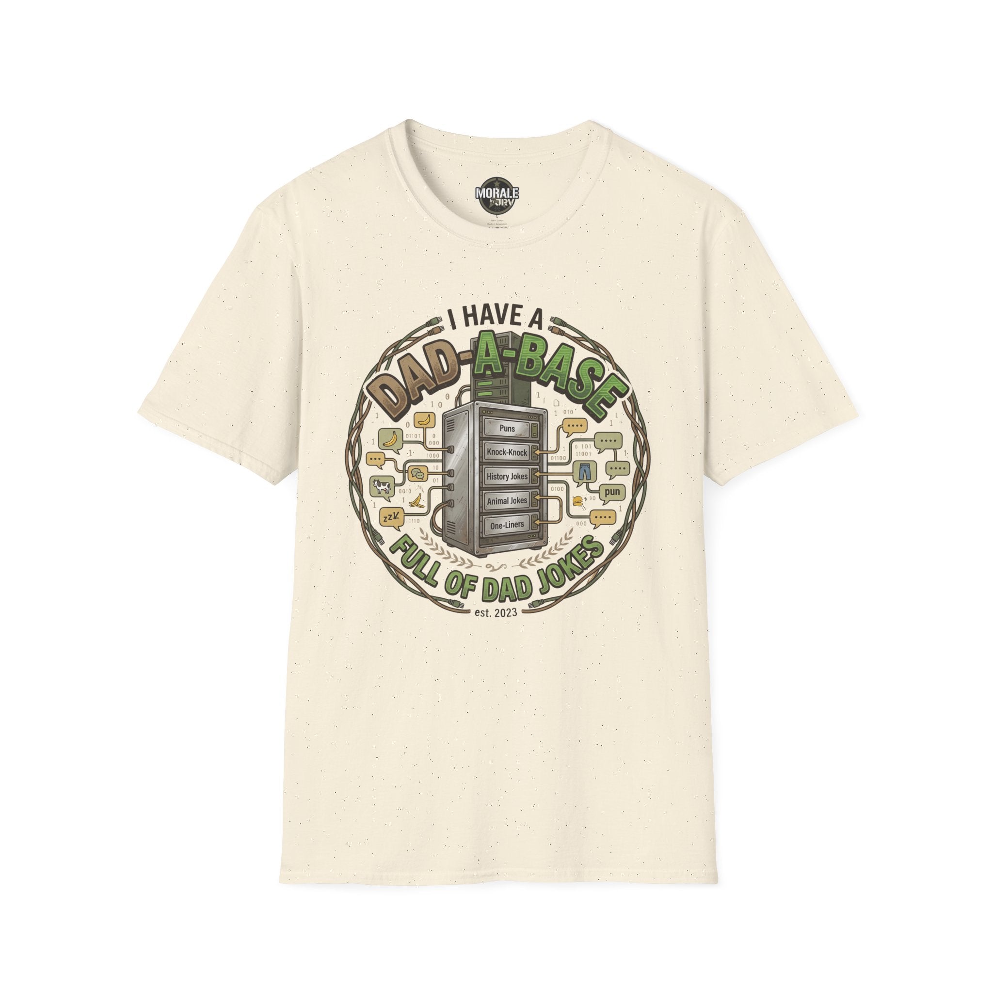 Natural T-shirt with “Dad-A-Base” dad jokes circular graphic on the chest