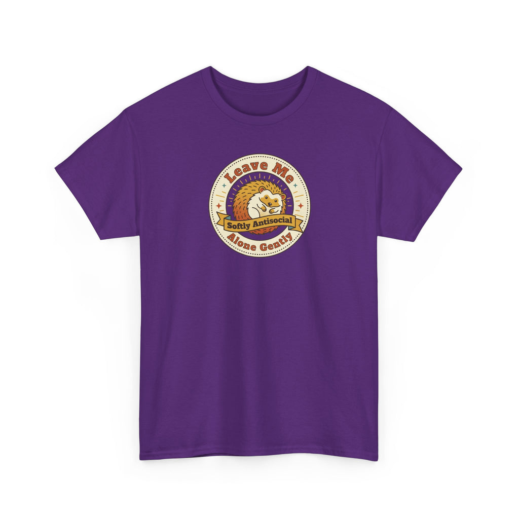 Purple crewneck T-shirt with round hedgehog graphic on chest