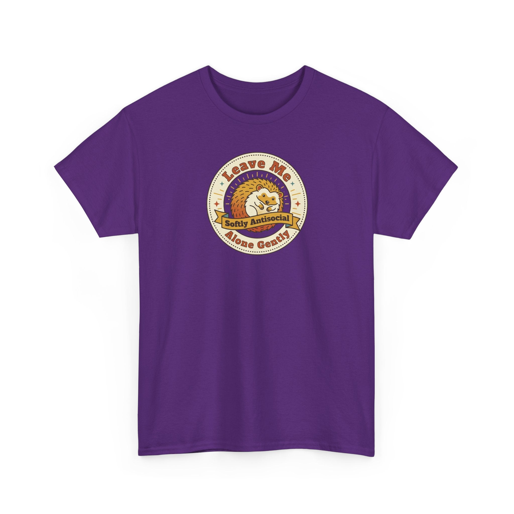 Purple crewneck T-shirt with round hedgehog graphic on chest