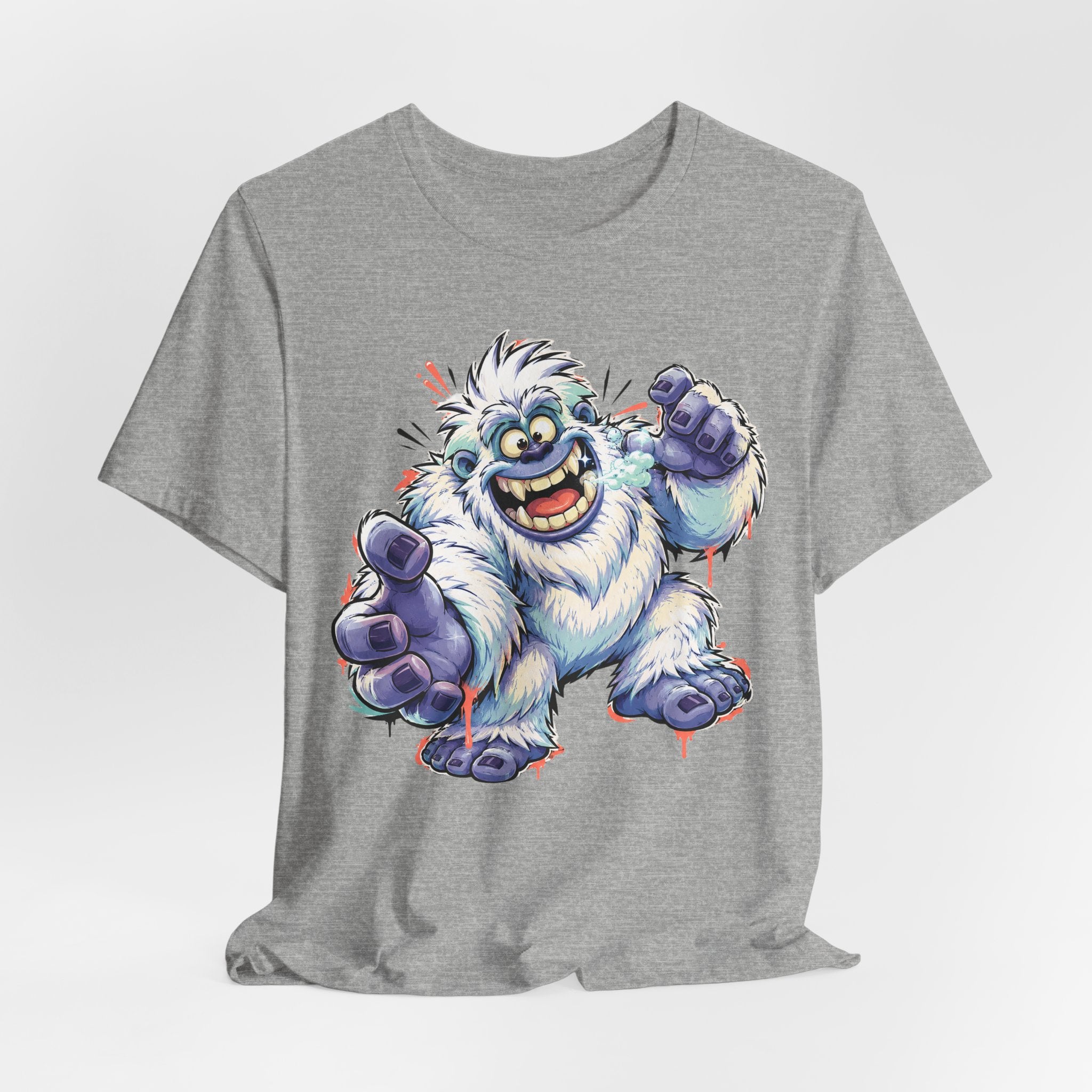 Heather gray T-shirt featuring a cartoon blue yeti monster holding a purple hammer.