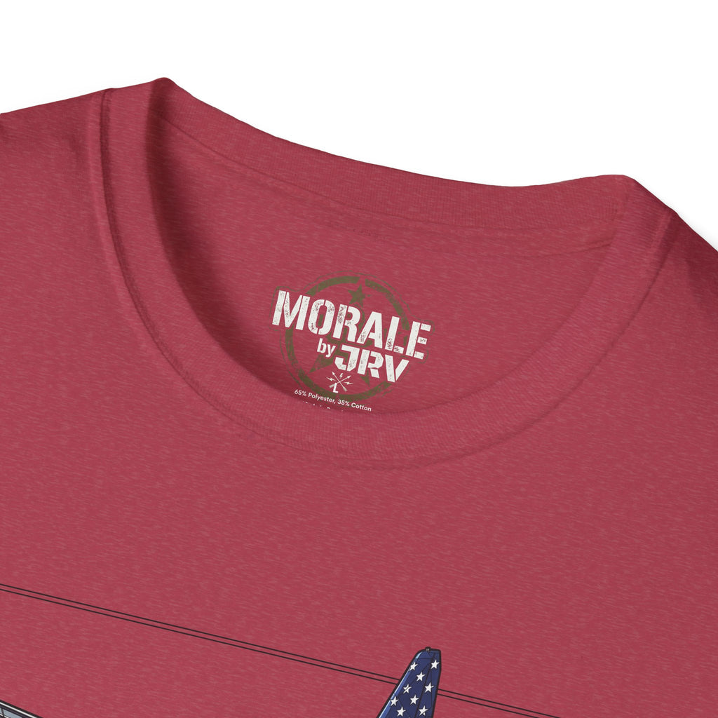 C-130 Hercules T-Shirt: Morale by TRV logo on dark red crew neck