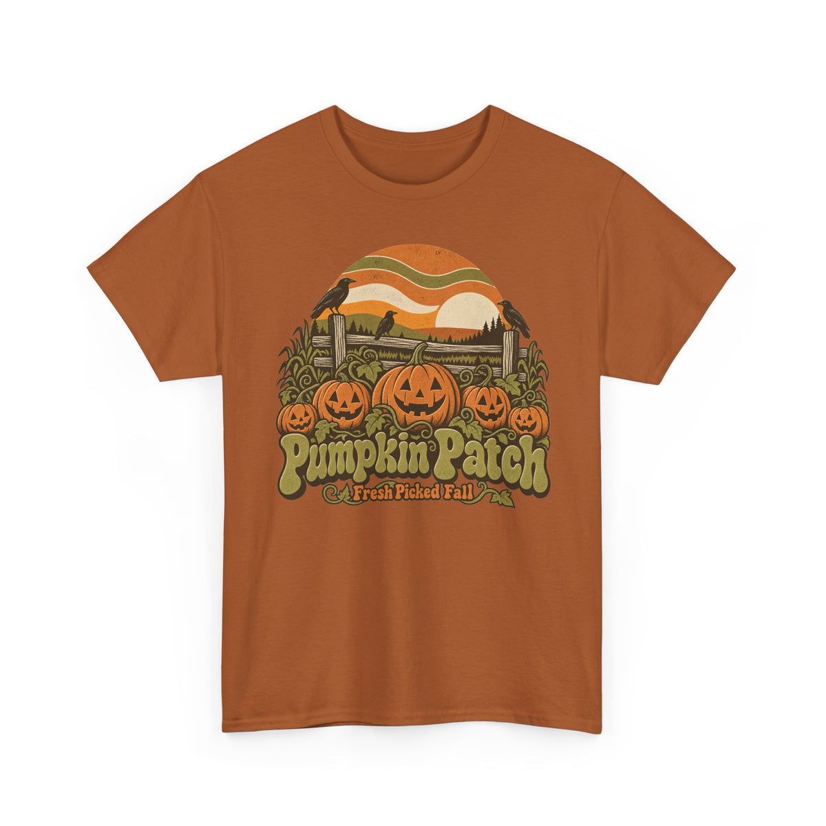 Pumpkin Patch T-Shirt, Retro Jack O Lantern Sunset Fall Halloween Shirt for Women and Men, Vintage Autumn Farm Graphic Tee