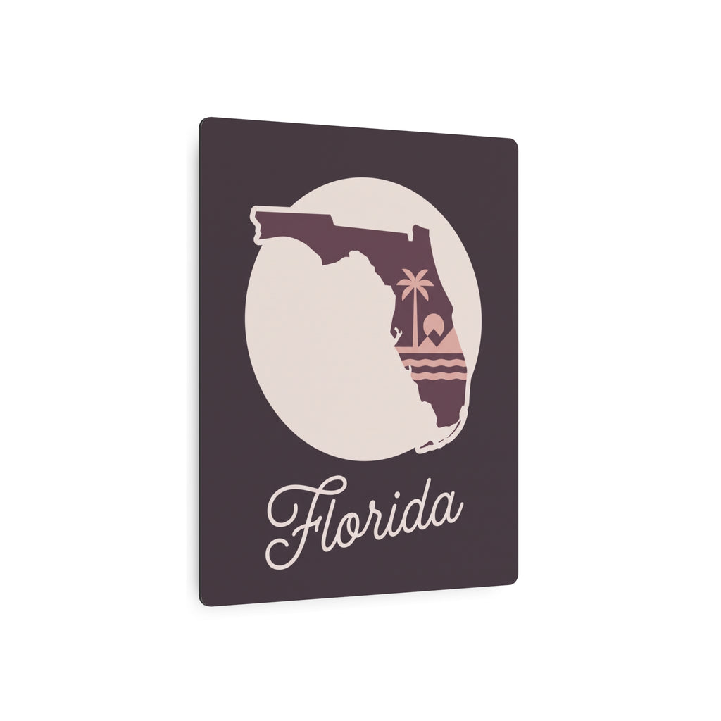 Dark purple square metal wall art with circular Florida silhouette and cursive Florida text