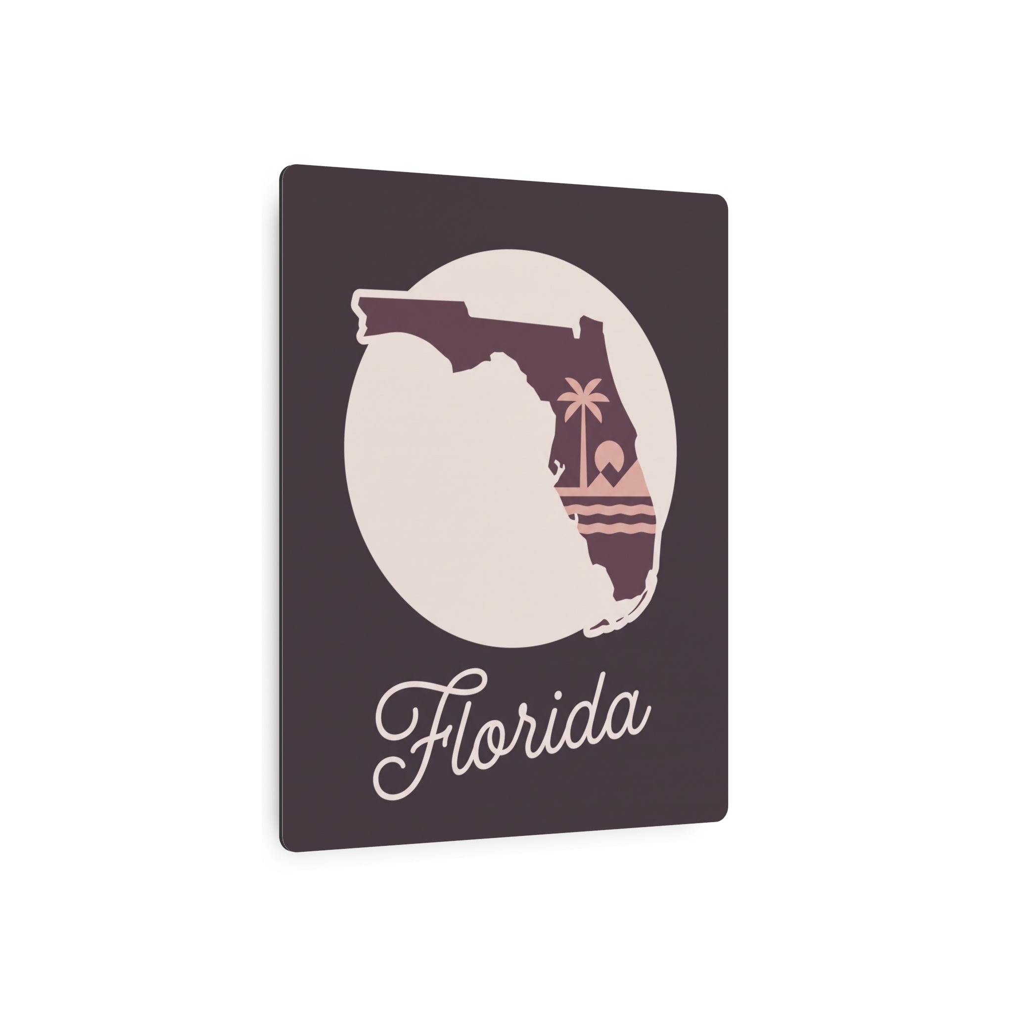 Dark purple square metal wall art with circular Florida silhouette and cursive Florida text
