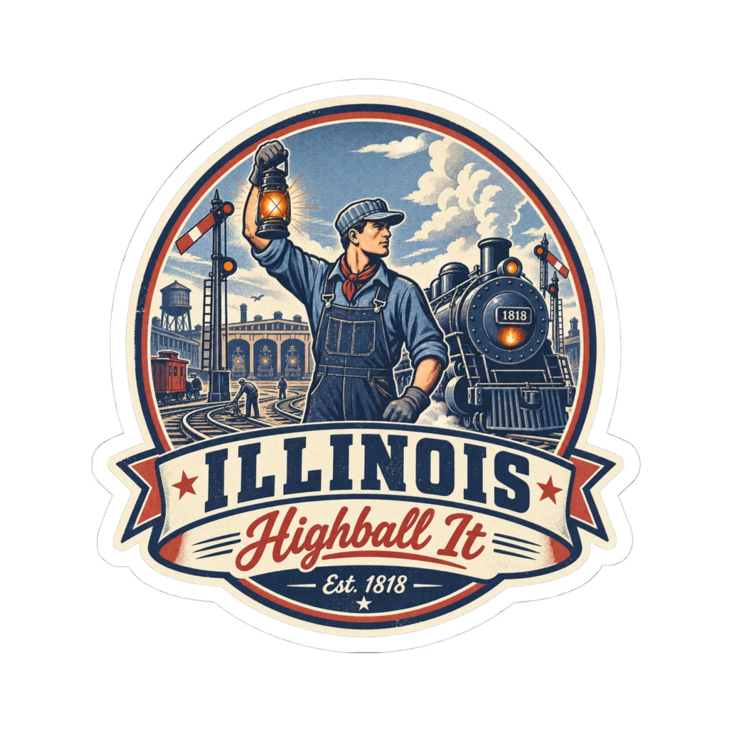 Die-cut sticker showing Illinois text ribbon, engineer raising torch near the steam train