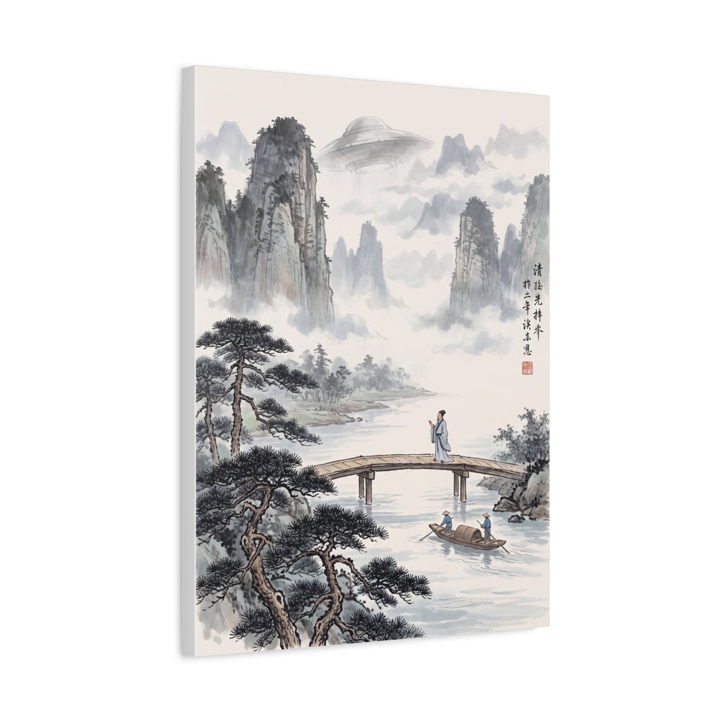 Framed landscape wall art print with pine branches in the foreground and misty mountain valley