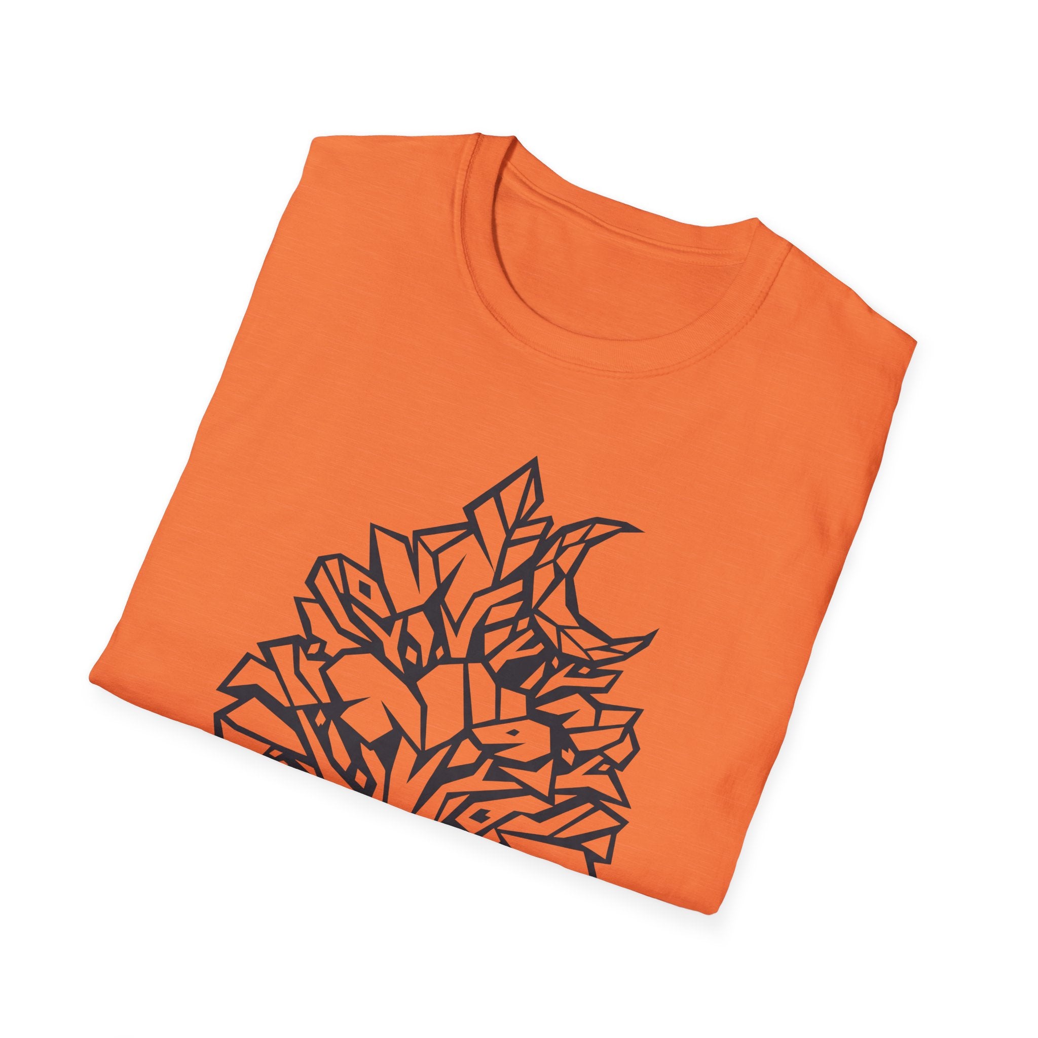 Geometric Tree Moon T-Shirt in orange with black geometric tree moon graphic