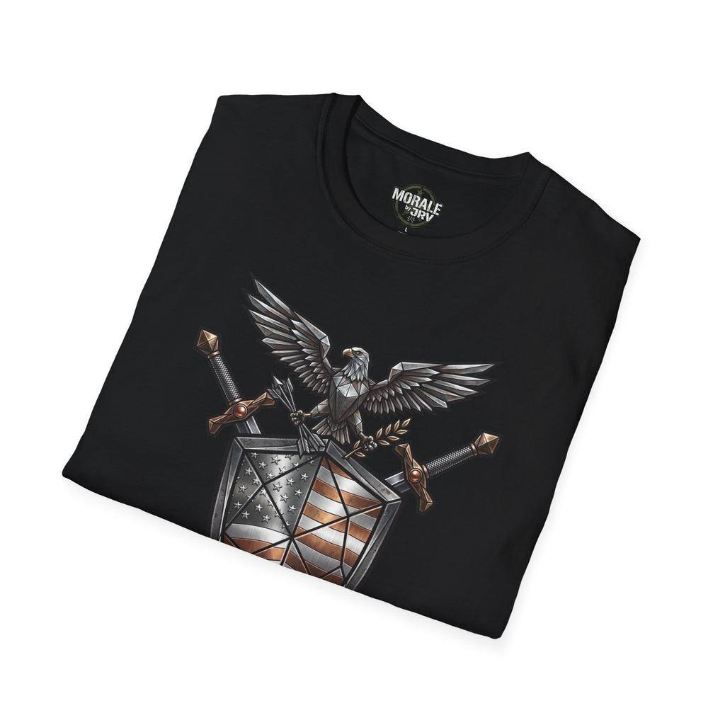 Black crew-neck T-shirt with eagle, swords, and American flag shield graphic