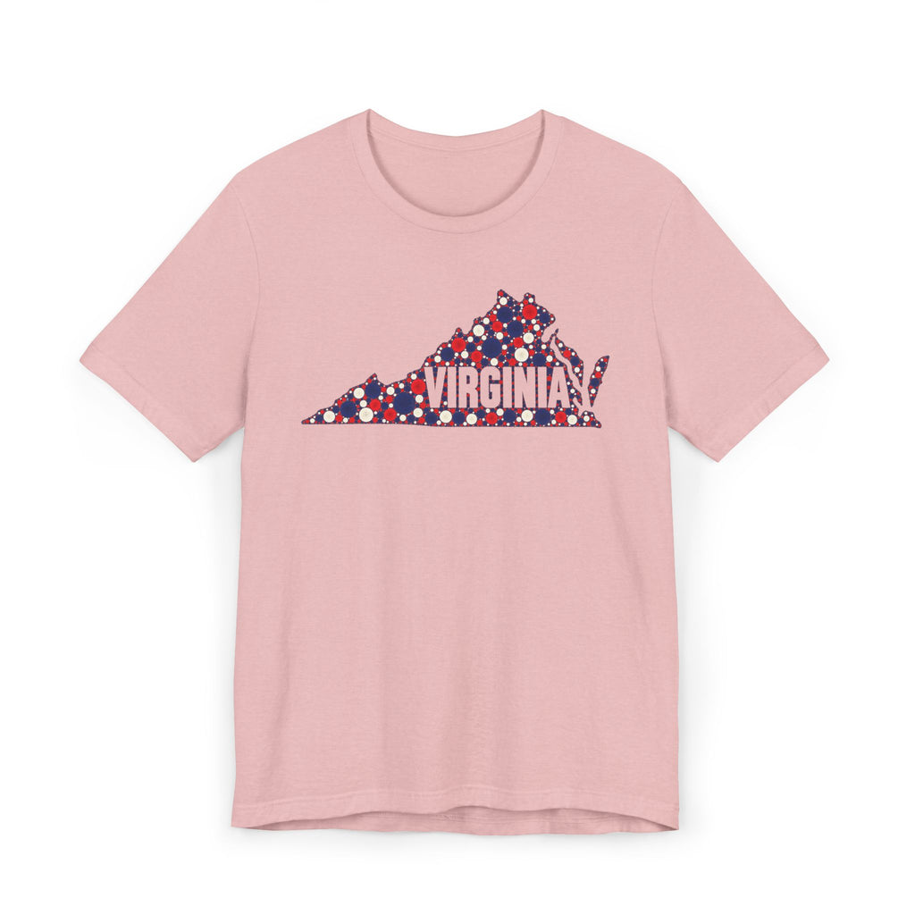 Dusty pink crewneck T-shirt with front Virginia map graphic in red, white, and blue