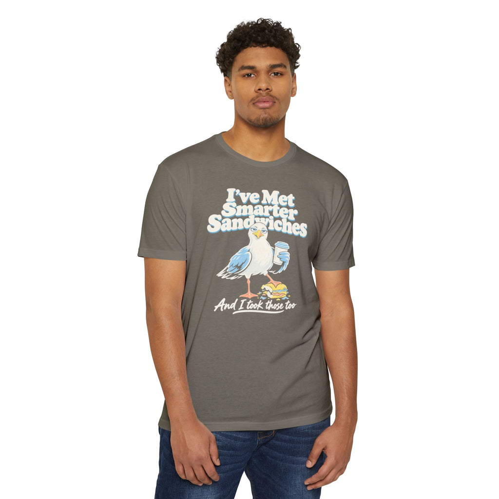 Gray short-sleeve T-shirt worn by model, featuring seagull graphic and text front