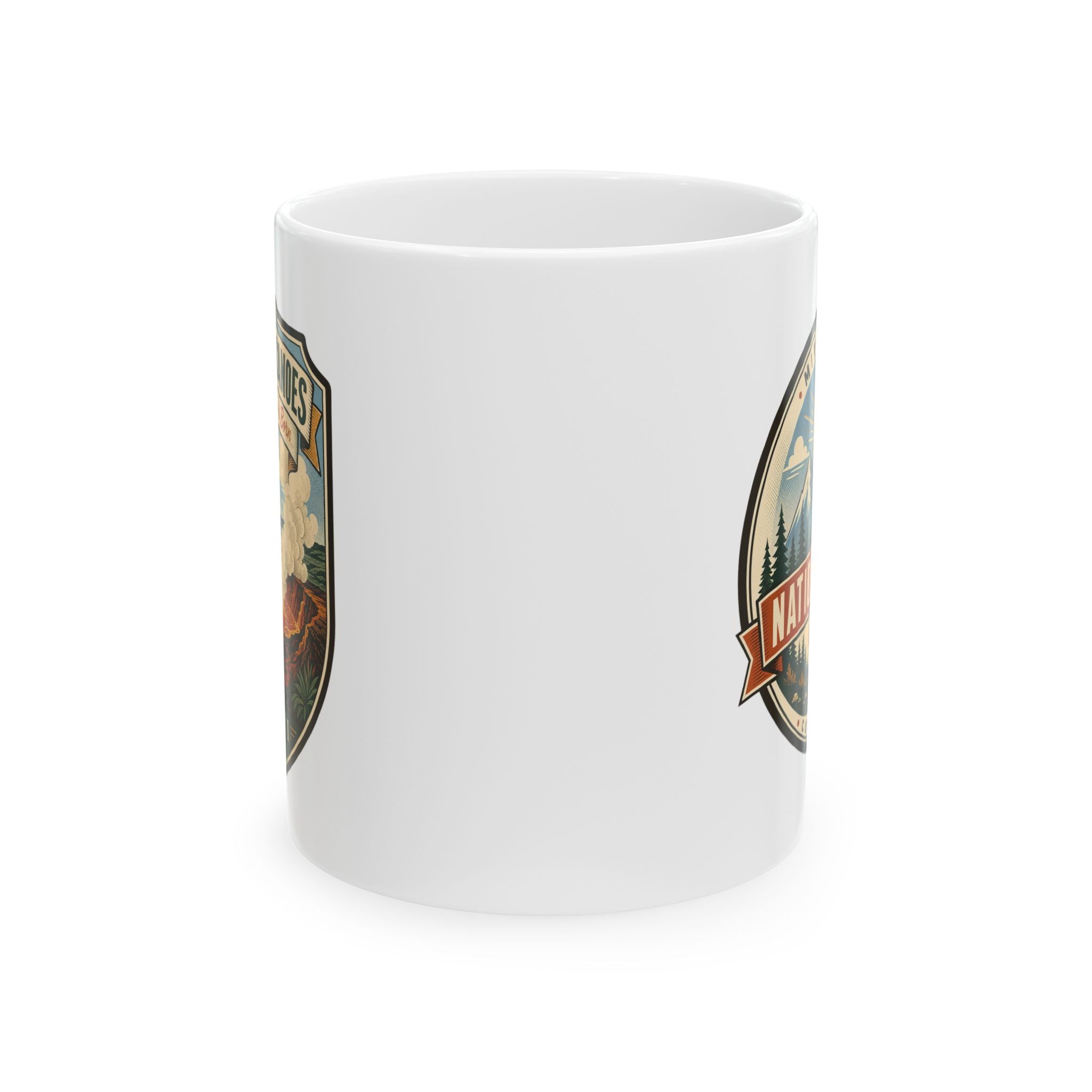White ceramic mug with colorful Hawaii Volcanoes graphic on the side