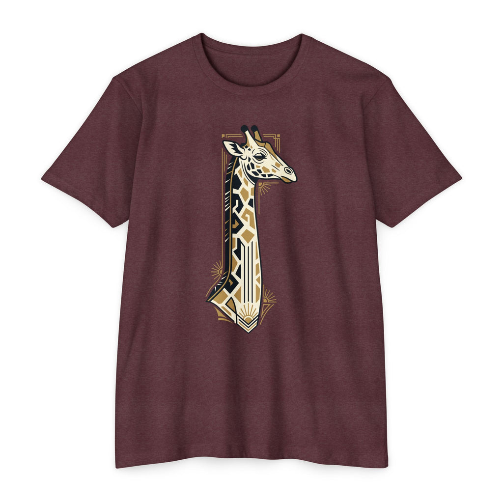 Heather maroon giraffe graphic T-shirt with Art Deco geometric badge print