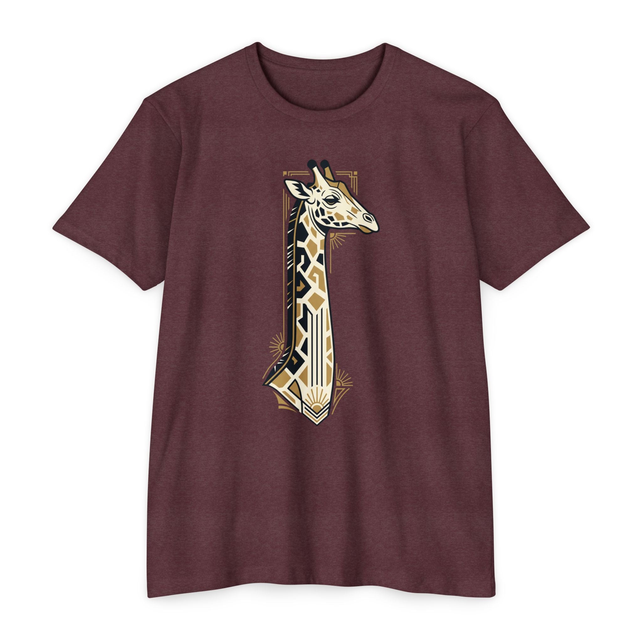 Heather maroon giraffe graphic T-shirt with Art Deco geometric badge print