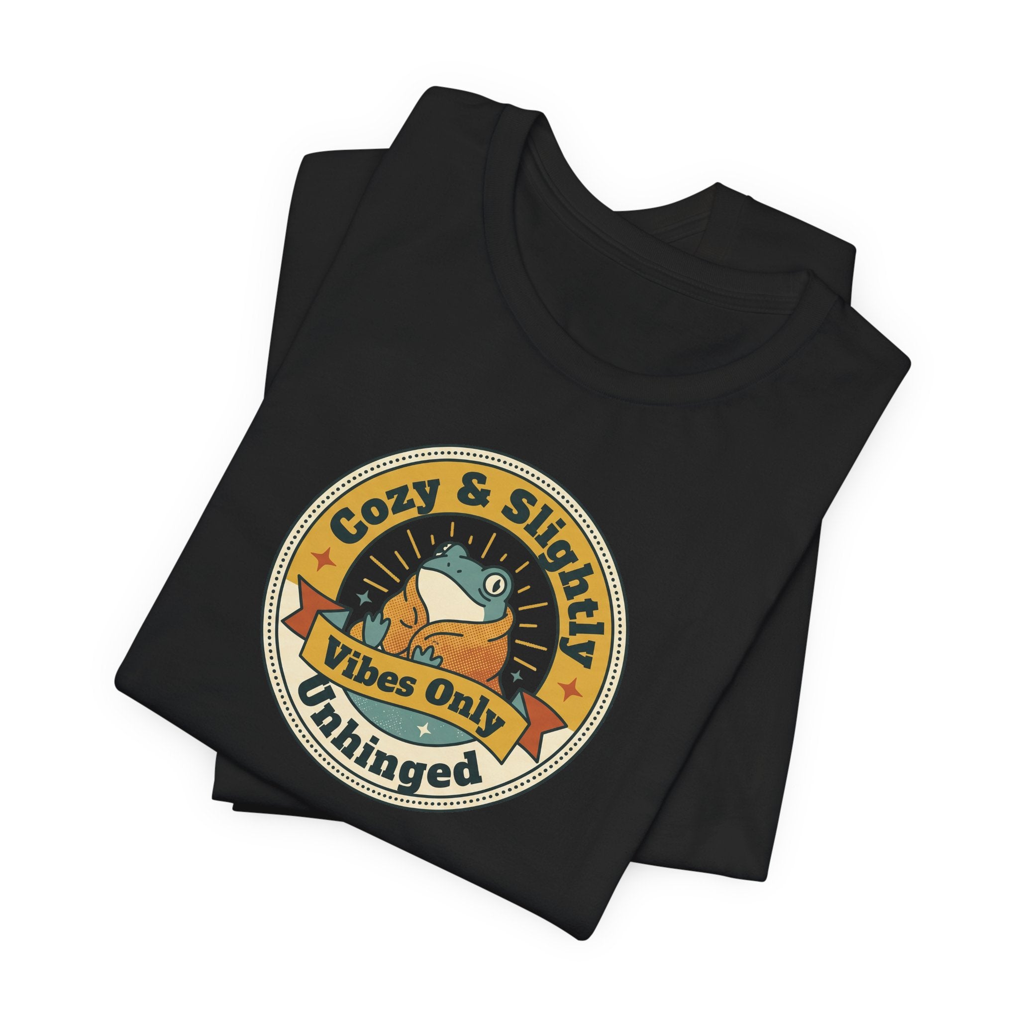 Black T-shirt with round retro sloth logo graphic print
