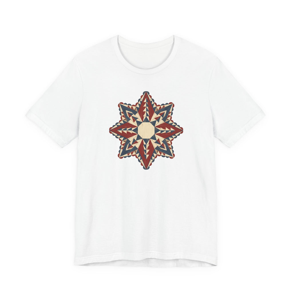 White graphic tee with colorful star mandala geometric compass print