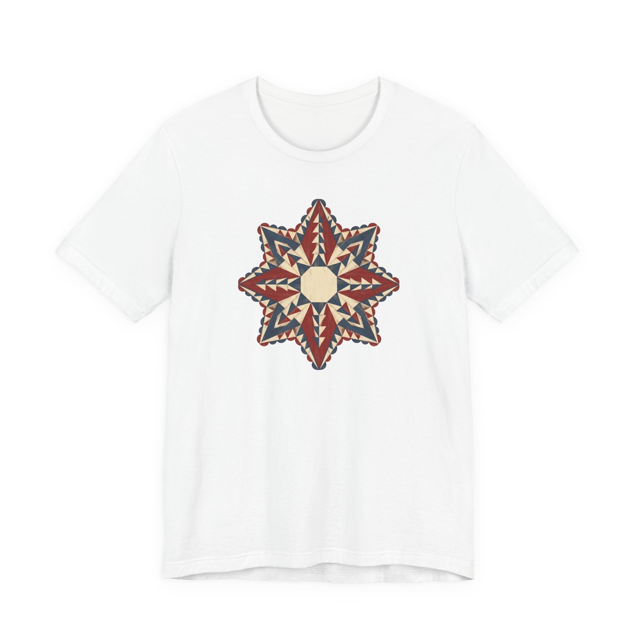 White graphic tee with colorful star mandala geometric compass print