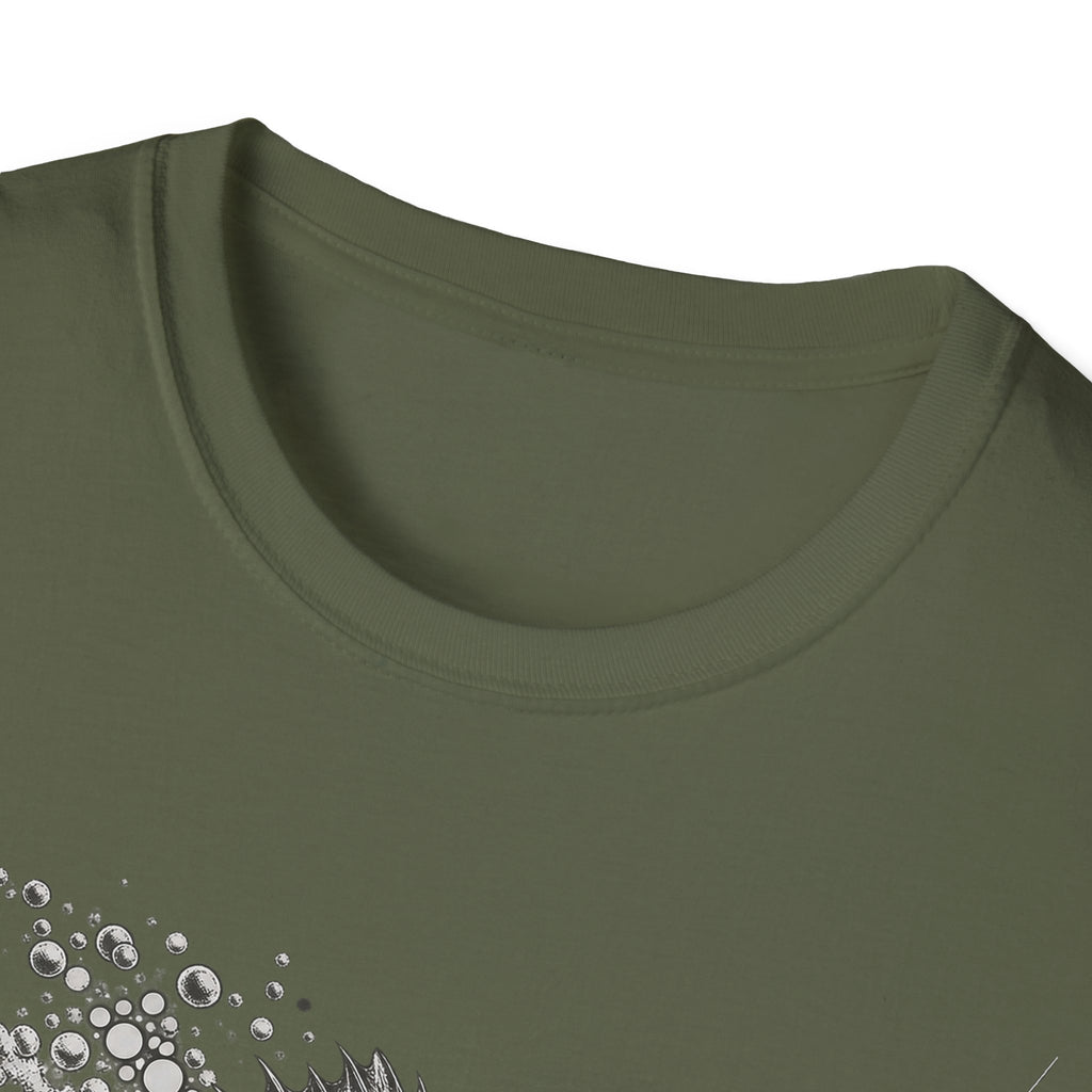 Olive green t-shirt neckline with partial silver walleye graphic