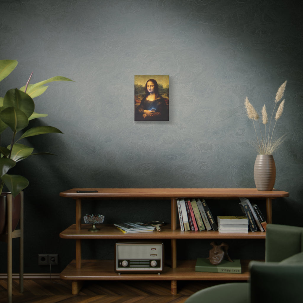 Matte canvas print of Mona Lisa holding a smartphone, centered on wall