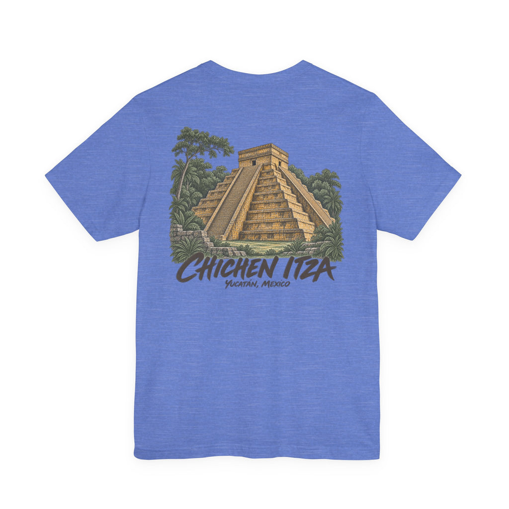 Blue crewneck T-shirt with large Chichen Itza pyramid scene and text graphic