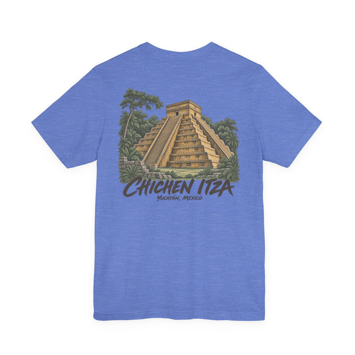 Blue crewneck T-shirt with large Chichen Itza pyramid scene and text graphic