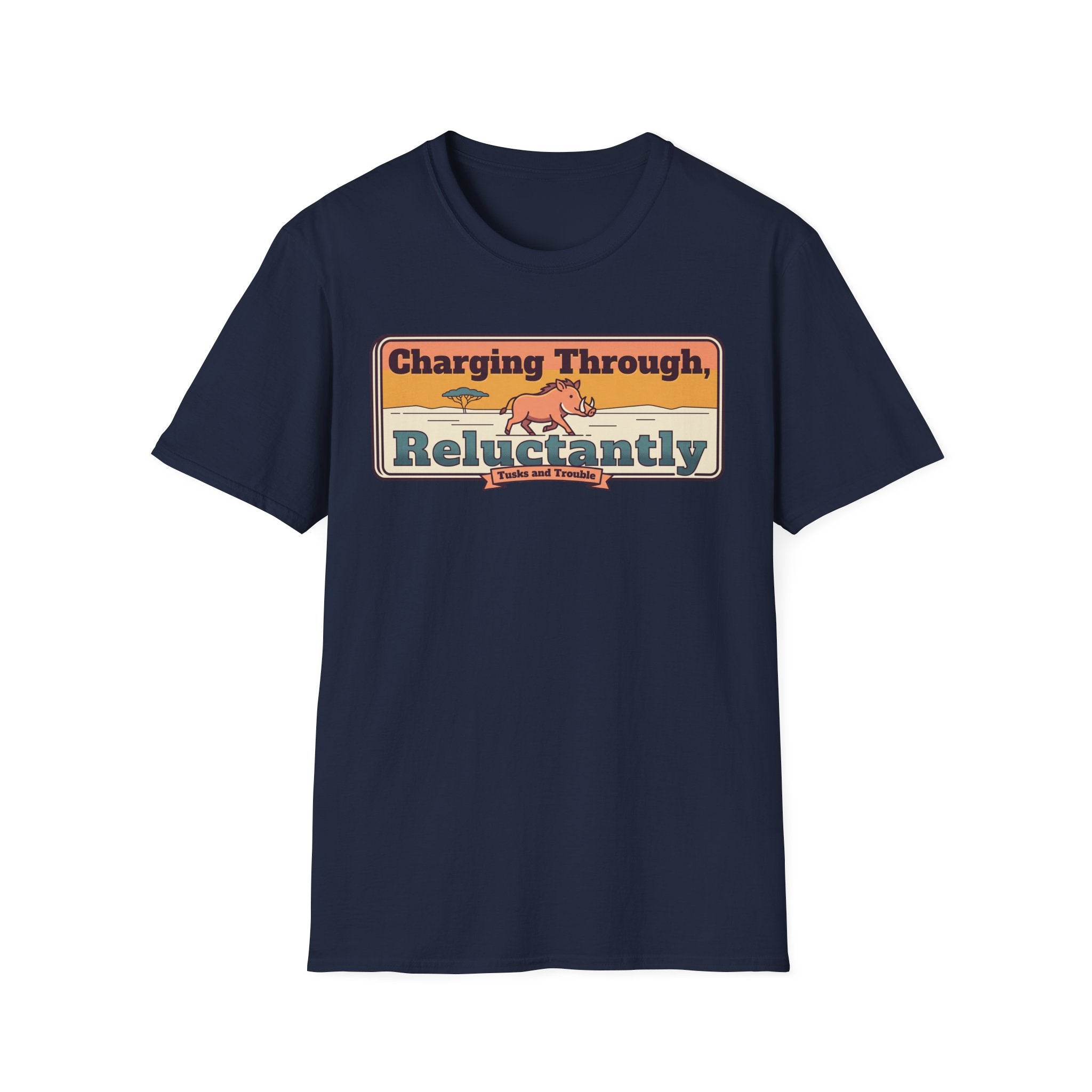 Navy graphic crew-neck T-shirt with colorful “Charging Through Reluctantly” print