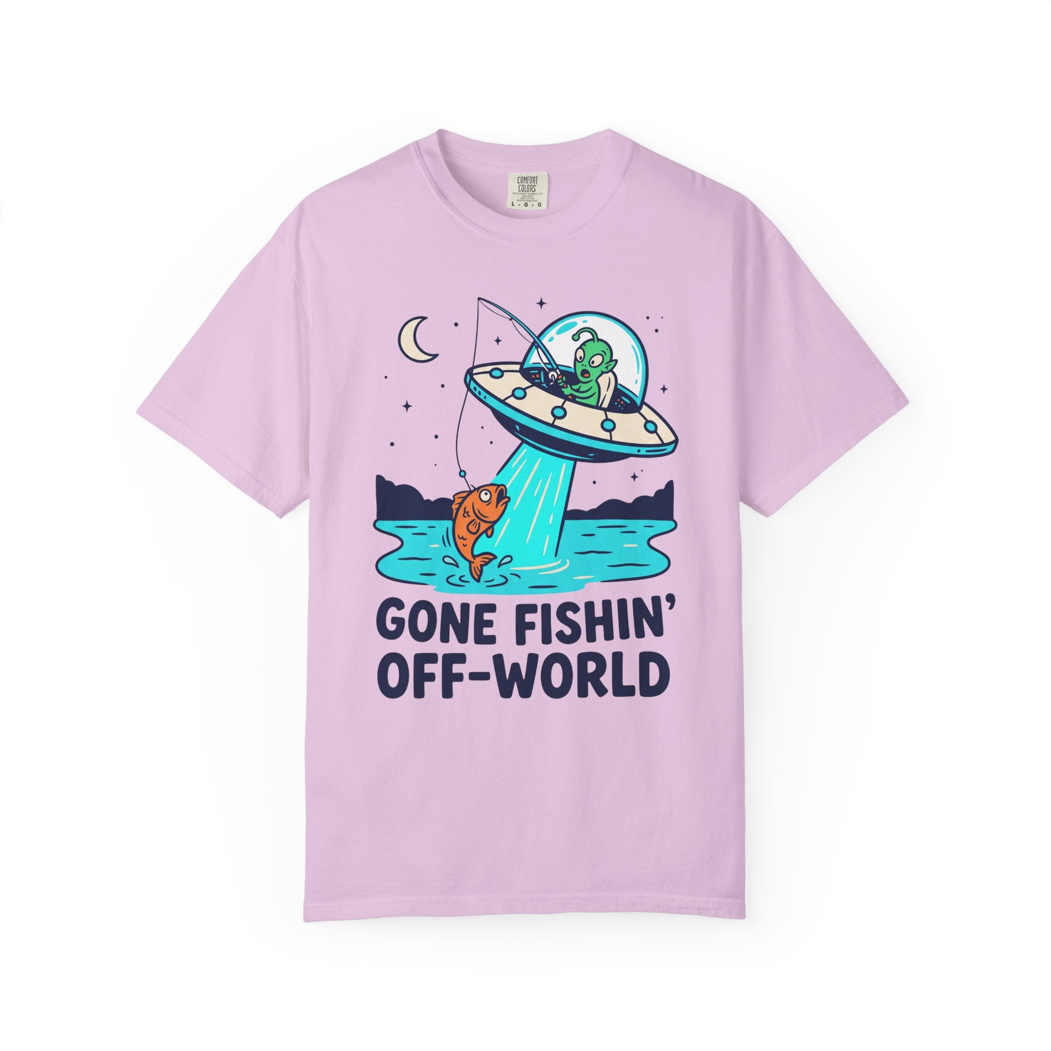 Lavender T-shirt with alien fishing UFO graphic and “GONE FISHIN’ OFF-WORLD”