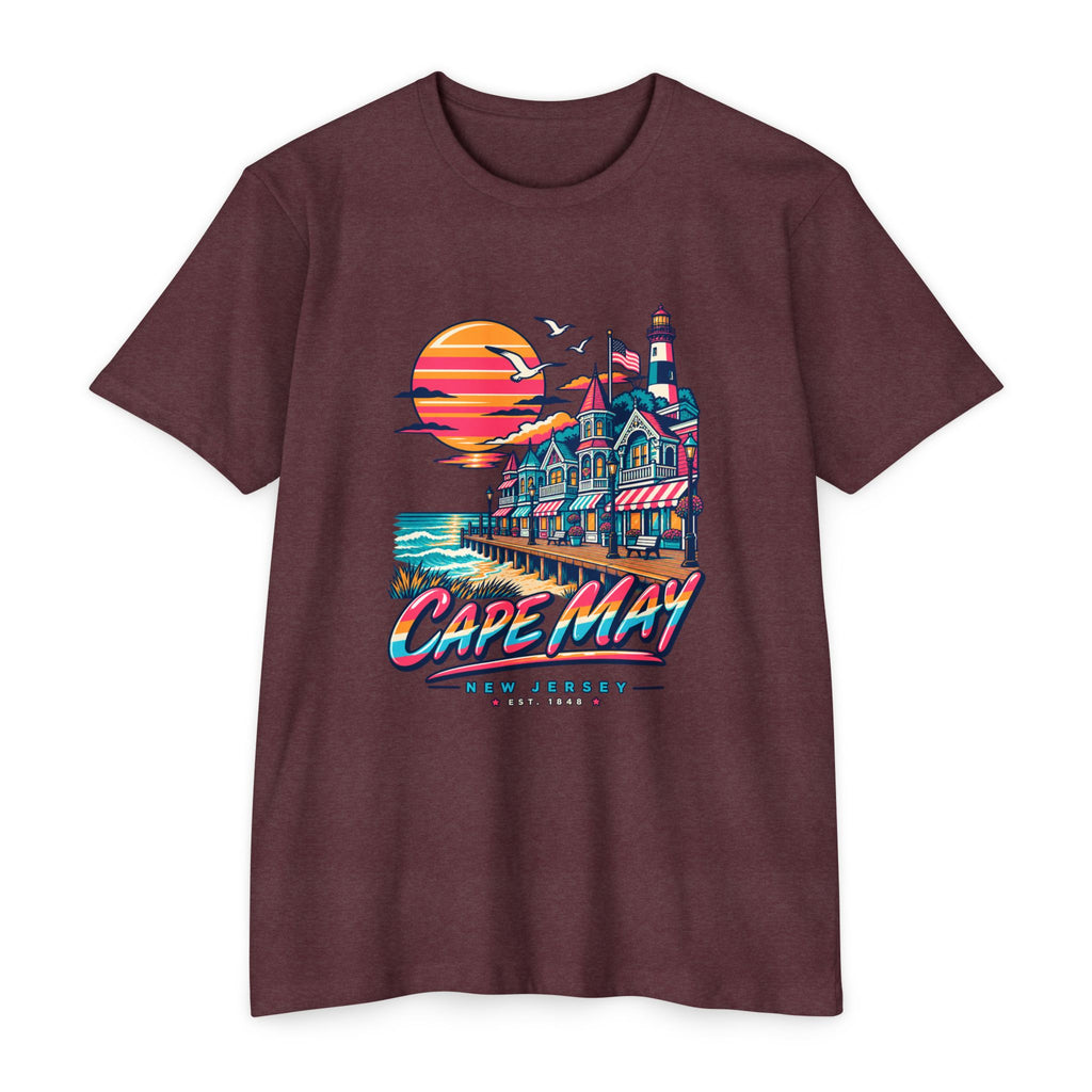 Maroon short-sleeve T-shirt with Cape May lighthouse graphic on front