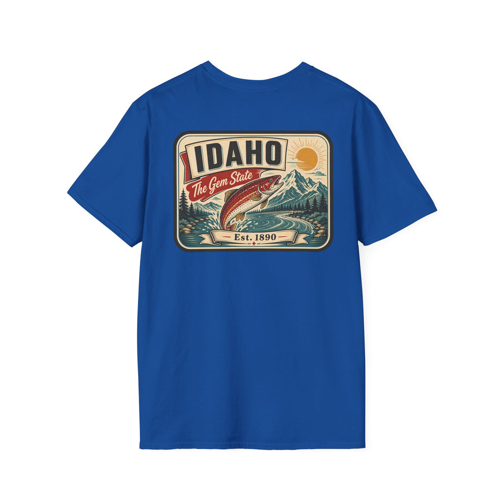 Royal blue t-shirt with Idaho travel badge graphic and trout illustration