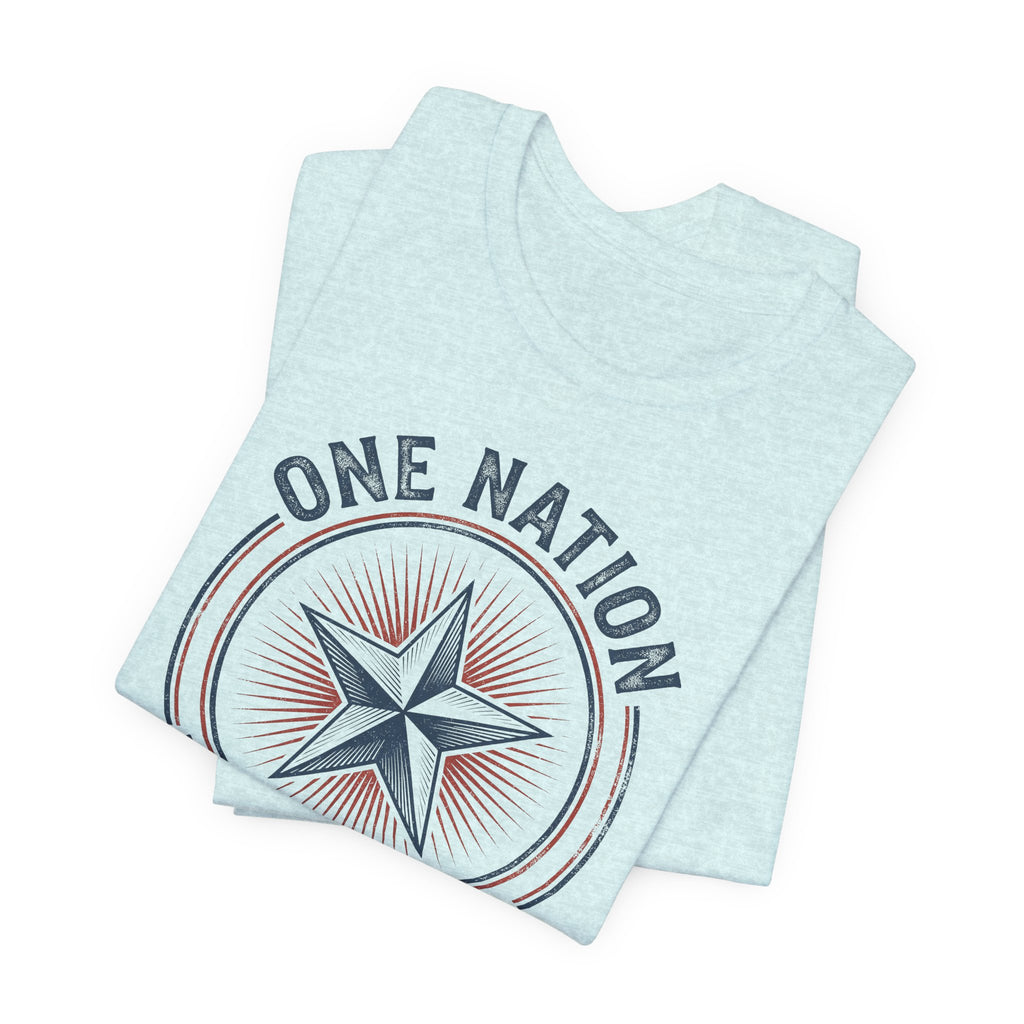 Light aqua t-shirt with circular star emblem and curved text graphic on front.