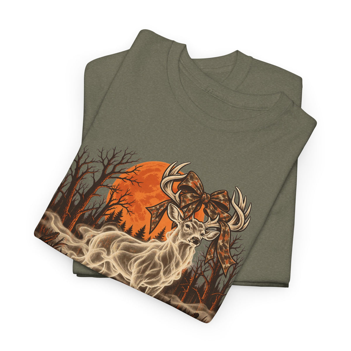 Olive Halloween T-shirt with orange ghost deer hunting graphic and smoky effects