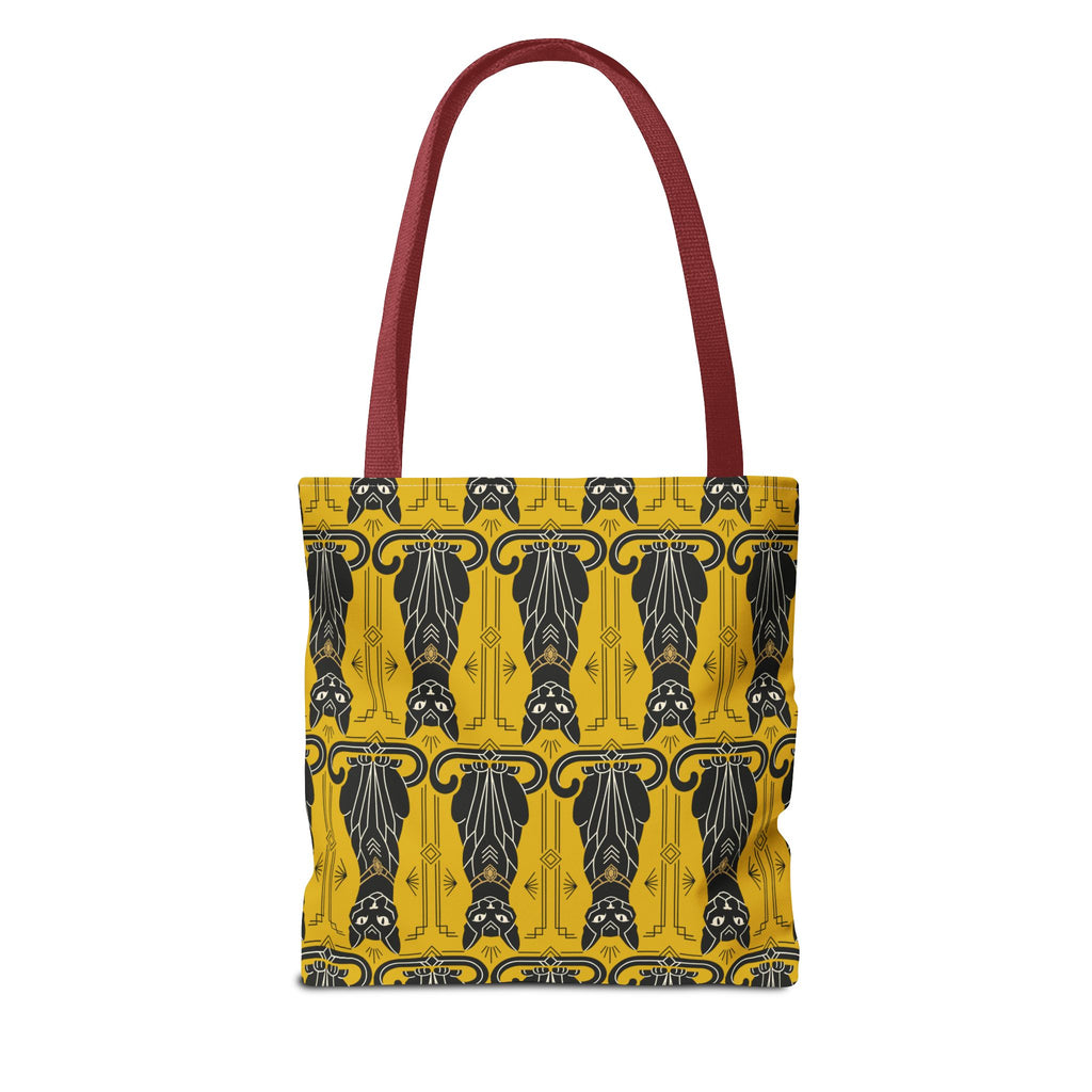 Yellow tote bag with black Art Nouveau cat pattern and red top handles