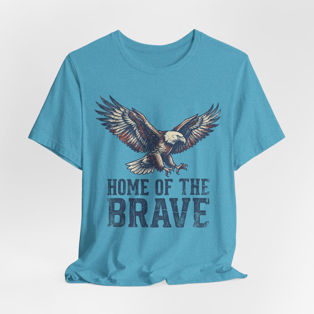 Turquoise crew-neck T-shirt with eagle and 'HOME OF THE BRAVE' text.