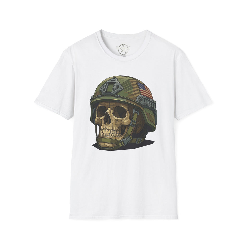 White T-shirt with camo military helmet skull and American flag patch graphic