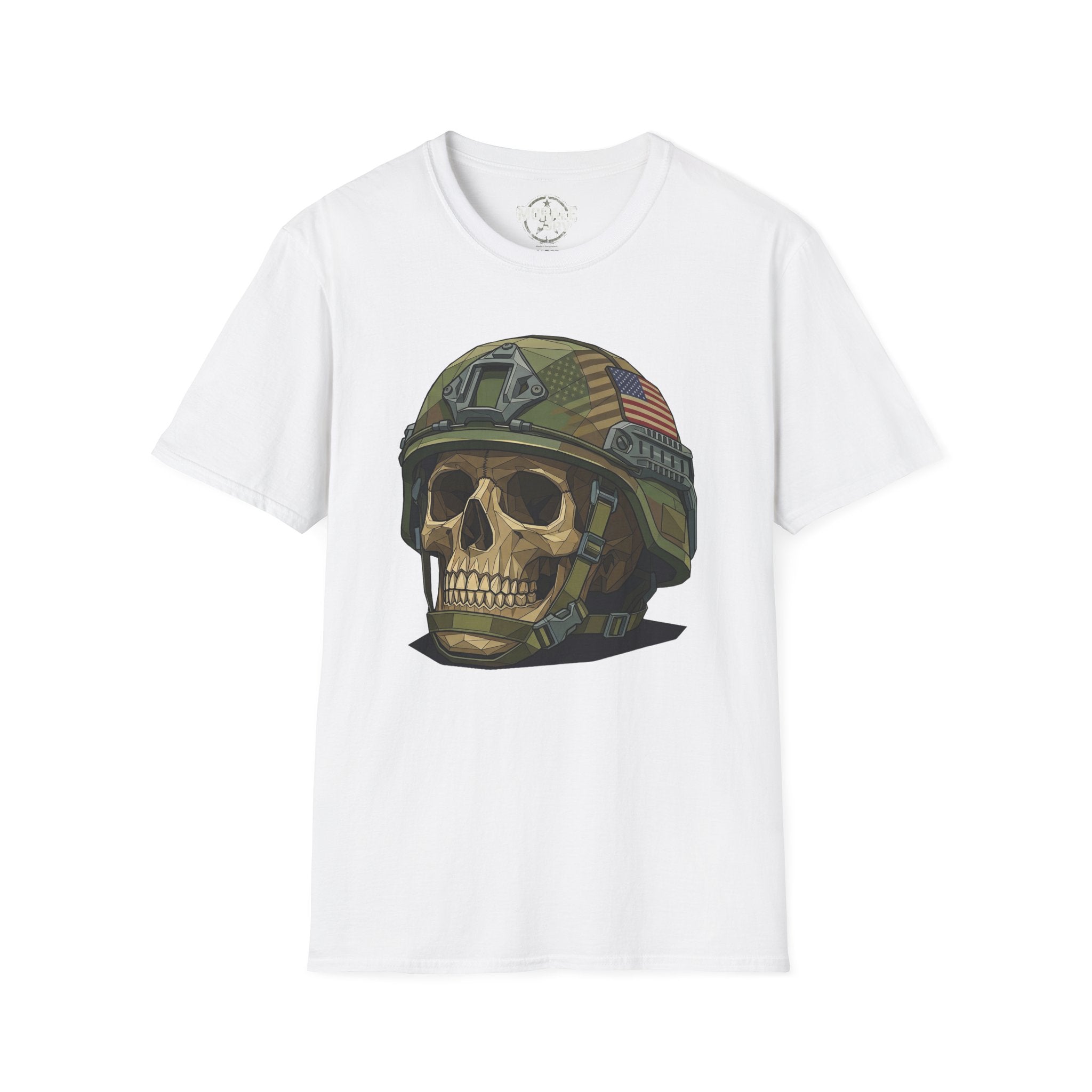 White T-shirt with camo military helmet skull and American flag patch graphic