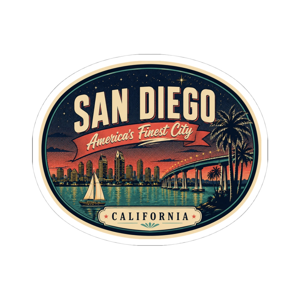 Round San Diego luggage tag sticker with California banner and palm bridge artwork