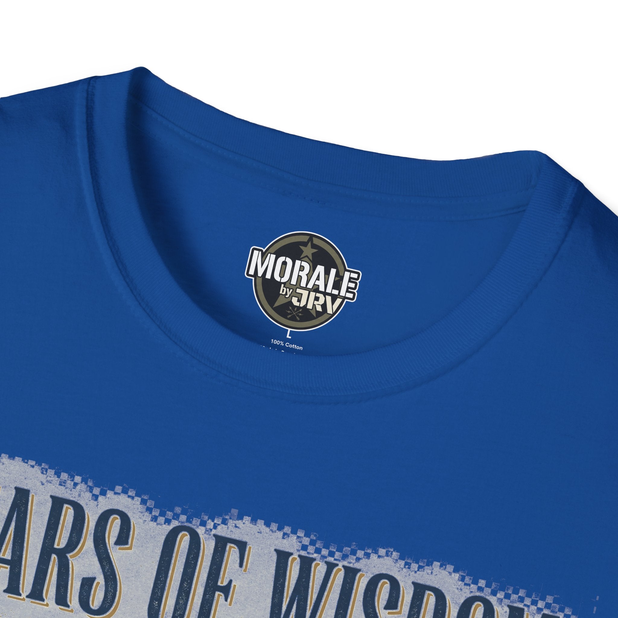 Royal blue T-shirt neckline with circular “Morale” logo patch