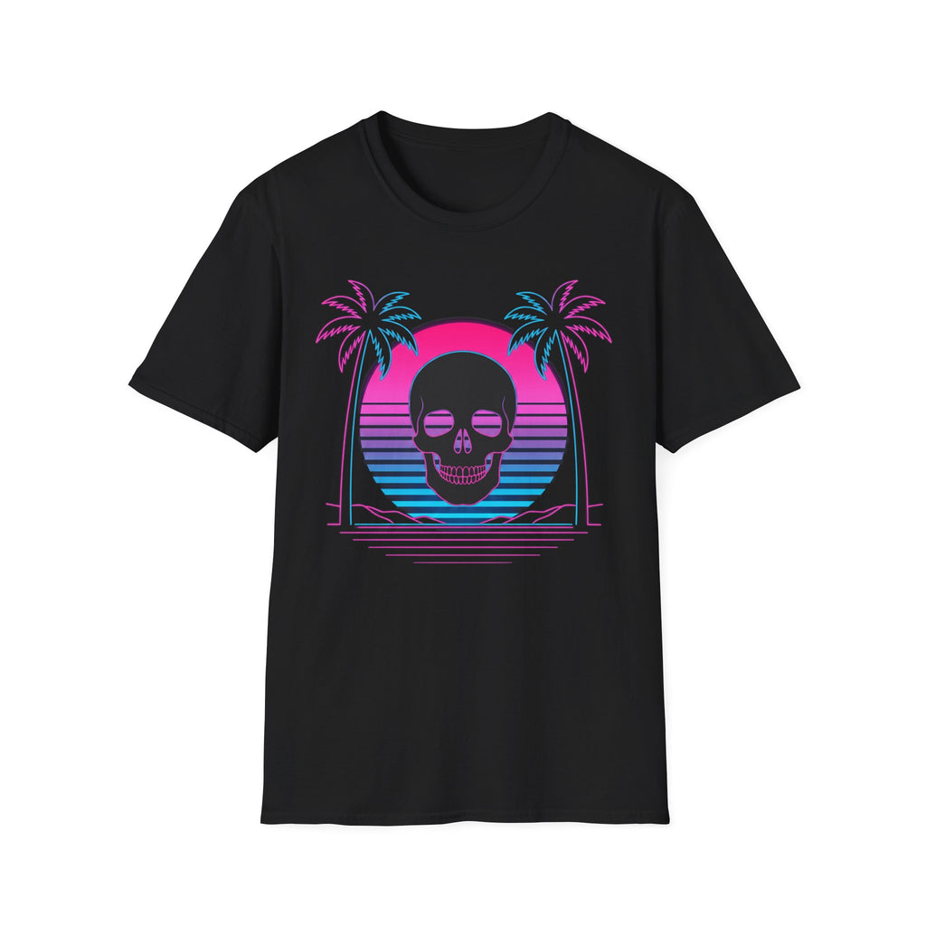 Black T-shirt with vaporwave skull graphic, palm trees and sunset arch design